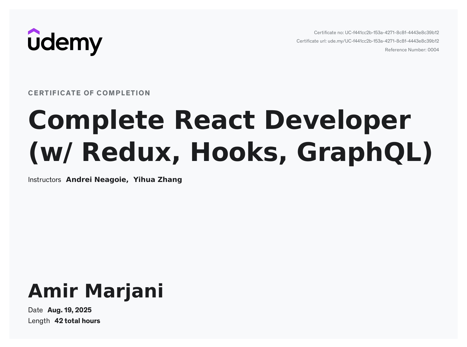 Complete React Developer (w Redux, Hooks, GraphQL) certificate